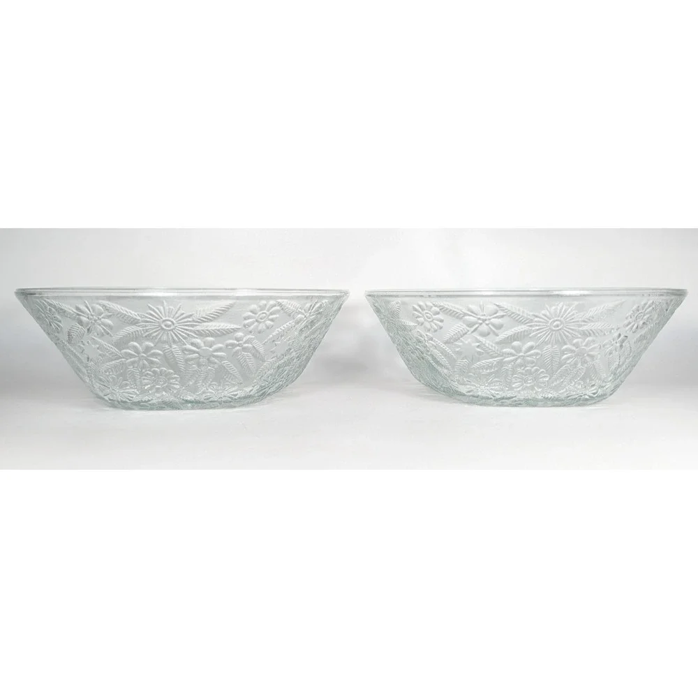 Indiana Glass Pineapple & Floral Clear Salad Bowls Set of 2 Vintage 5 Sided Bowl